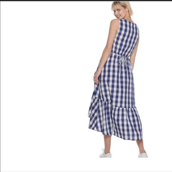 POPSUGAR GINGHAM DRESS SZ M RUFFLE HEM FAUX WRAP SKIRT BLUE WHITE - Picture 2 of 15
